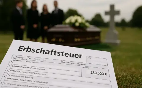 Trauernde stehen am Grab, während ein Erbschaftsteuerformular mit 230.000 € im Vordergrund liegt. § 14 ErbStG regelt die Besteuerung.