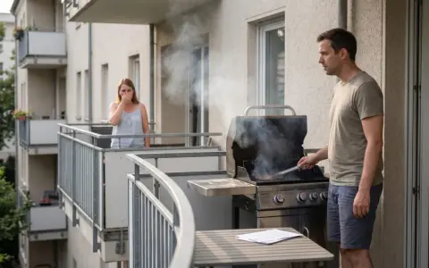 Mann grillt auf dem Balkon, während eine Frau wegen des Rauchs die Nase zuhält.
