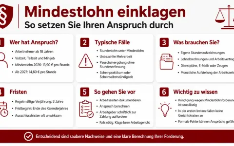 Infografik erklärt, wie man Mindestlohn einklagt. Beachtet die Ausschlussfrist und die Verjährung von 3 Jahren.