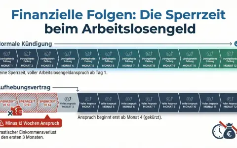 Grafik zeigt: Bei Aufhebungsvertrag gibt es eine Sperrzeit für Arbeitslosengeld, im Gegensatz zur normalen Kündigung.