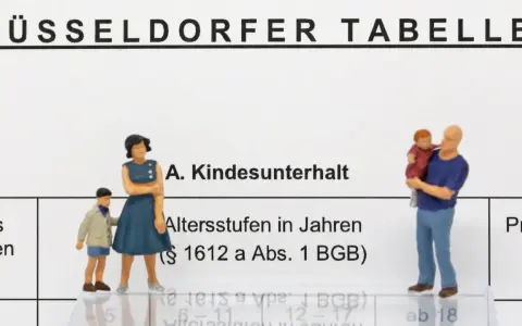 Düsseldorfer Tabelle: Kindesunterhalt. Das Einkommen der Mutter ist relevant. Figuren einer Familie stehen vor der Tabelle.