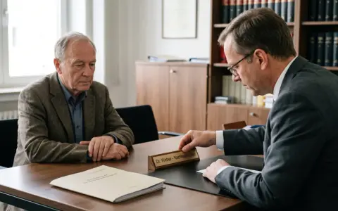 Ein älterer Mann spricht mit einem Anwalt, der eine Namensplakette "Dr. Weber - Nachlassrichter" hält. Die Aufgabe Testamentsvollstrecker wird besprochen.