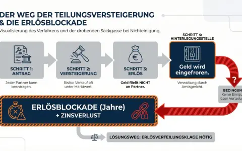 Der Weg der Teilungsversteigerung mit Erlösblockade: Antrag, Versteigerung, Erlös wird eingefroren. Schlechte Erfahrungen sind möglich.