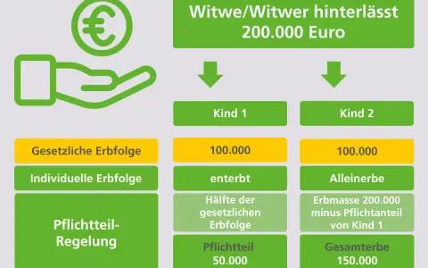Witwe hinterlässt 200.000 Euro. Kind 1 enterbt, Pflichtteil 50.000. Erbe kann Pflichtteil nicht auszahlen.