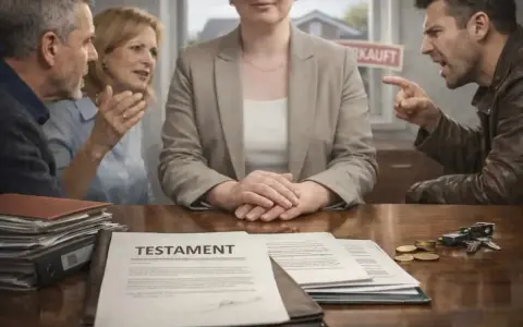 Streitende Erben am Tisch, ein Testament liegt aus. Bei solch hitzigen Diskussionen braucht man einen Testamentsvollstrecker.
