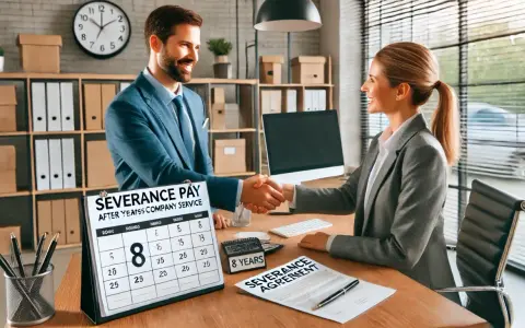 Ein Mann und eine Frau schütteln sich die Hände. Ein Kalender zeigt "8 YEARS" und "SEVERANCE PAY". Die Frage "wieviel Abfindung nach 8 Jahren?" wird thematisiert.