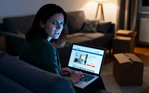 Verzweifelte Frau sucht online nach Lösungen, da der Mieter nicht auszieht. Sie recherchiert zu Eigenbedarf und Schadensersatz.