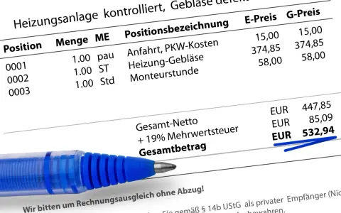 Rechnung für Heizungsanlage: Gebläse defekt, erneuert. Positionen wie Anfahrt, Heizung-Gebläse, Monteurstunde. Möglicher Widerspruch Betriebskostenabrechnung? Gesamtbetrag 532,94 EUR.