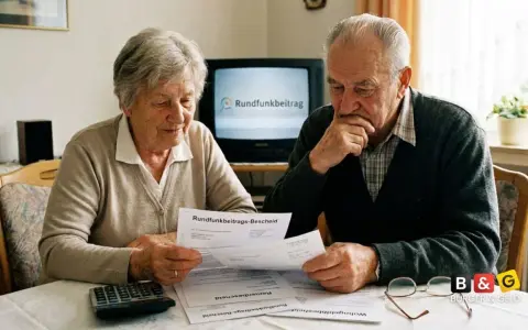 Älteres Paar prüft besorgt einen Rundfunkbeitrags-Bescheid. Der Mann denkt nach, die Frau schaut auf die Unterlagen.