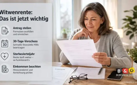 Frau prüft Dokumente zur Witwenrente. Wichtig: Antrag, Vorschuss, Sterbevierteljahr, Einkommen. Auch für die zweite Ehefrau relevant.