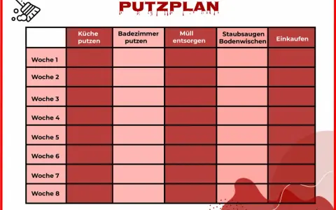 Putzplan für ein Mehrfamilienhaus: Aufgaben wie Küche putzen, Müll entsorgen und Staubsaugen sind wochenweise aufgeteilt.