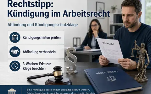 Mann liest Kündigung. Tipps im Arbeitsrecht: Fristen prüfen, Abfindung verhandeln, Klagefrist beachten. Rechtsberatung ist wichtig.