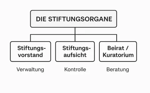 Organigramm zeigt, wie funktioniert eine stiftung: Vorstand (Verwaltung), Aufsicht (Kontrolle) und Beirat/Kuratorium (Beratung).