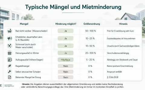 Tabelle zeigt typische Mängel und wann Mietminderung möglich ist, z.B. bei Wasserschaden im Bad (50-100%).