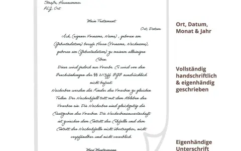 Ein handschriftliches Testament Muster mit Angaben zu Erben und Nacherben.