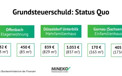 Beispiele für die Grundsteuer auf Mieter umlegen: Offenbach (132€/73m²), Düsseldorf (839€/829m²), Gornau (170€/163m²).