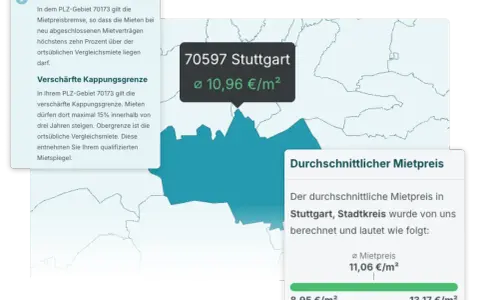 Mietspiegel für Stuttgart (PLZ 70597): Durchschnittsmiete 10,96 €/m². Informationen zur Mietpreisbremse und Kappungsgrenze.