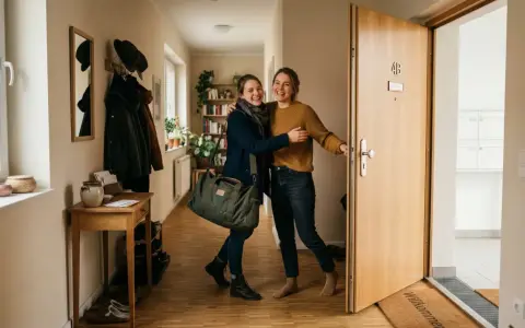 Zwei Freundinnen umarmen sich freudig im Flur. Die Frage "wie lange darf jemand bei mir wohnen ohne anmeldung" beschäftigt viele.