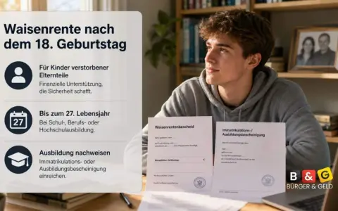 Ein junger Mann blickt nachdenklich, während Dokumente zu Waisenrente und Ausbildung gezeigt werden. Man bekommt Waisenrente bis zum 27. Lebensjahr bei Ausbildung.