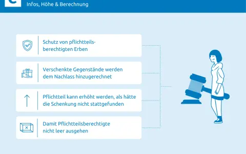 Grafik erklärt, wie man den Pflichtteil reduzieren kann. Sie zeigt Schutz für Erben, Anrechnung von Schenkungen und wie der Pflichtteil erhöht wird.