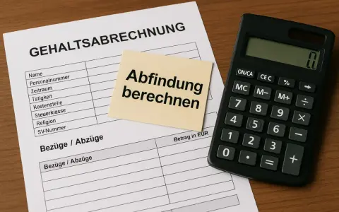 Gehaltsabrechnung mit Notiz "Abfindung berechnen" und Taschenrechner. Wichtig für die Abfindung im Kleinbetrieb.