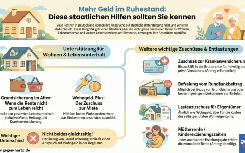 Infografik zeigt staatliche Hilfen für Rentner, z.B. Wohngeld, Grundsicherung, Zuschüsse zur Krankenversicherung, die das Einkommen der Eltern im Alter aufstocken können, unabhängig von der Altersgrenze.
