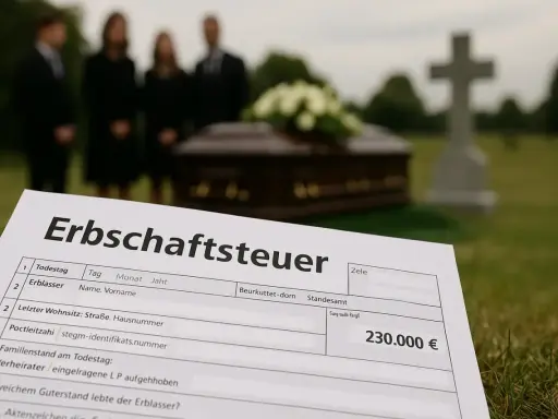 Trauernde stehen am Grab, während ein Erbschaftsteuerformular mit 230.000 € im Vordergrund liegt. § 14 ErbStG regelt die Besteuerung.