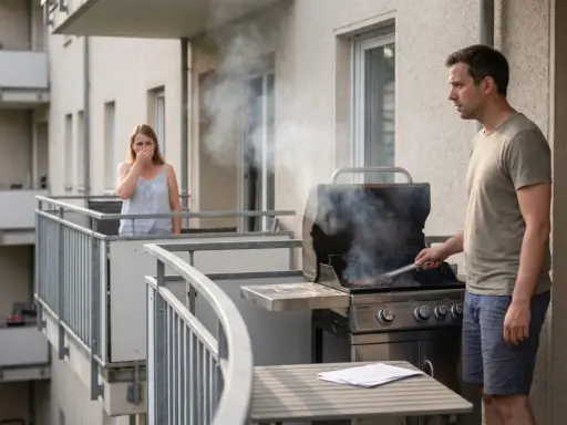 Mann grillt auf dem Balkon, während eine Frau wegen des Rauchs die Nase zuhält.