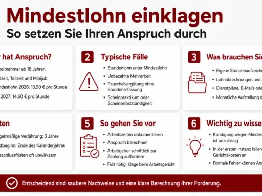 Infografik erklärt, wie man Mindestlohn einklagt. Beachtet die Ausschlussfrist und die Verjährung von 3 Jahren.