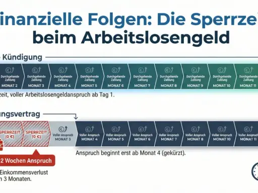 Grafik zeigt: Bei Aufhebungsvertrag gibt es eine Sperrzeit für Arbeitslosengeld, im Gegensatz zur normalen Kündigung.