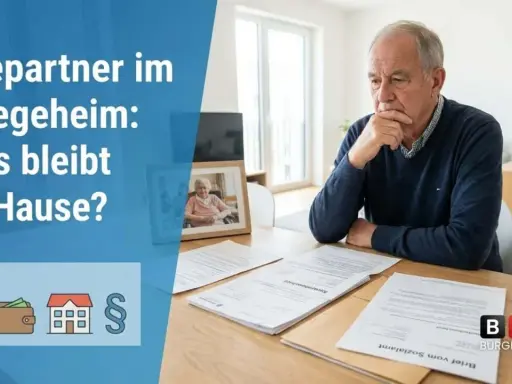 Ein Mann denkt über den monatlichen Selbstbehalt Pflegeheim nach. Dokumente liegen auf dem Tisch, ein Foto seiner Frau im Rollstuhl.