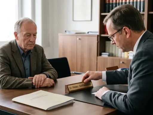 Ein älterer Mann spricht mit einem Anwalt, der eine Namensplakette "Dr. Weber - Nachlassrichter" hält. Die Aufgabe Testamentsvollstrecker wird besprochen.