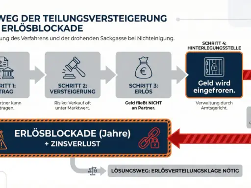 Der Weg der Teilungsversteigerung mit Erlösblockade: Antrag, Versteigerung, Erlös wird eingefroren. Schlechte Erfahrungen sind möglich.