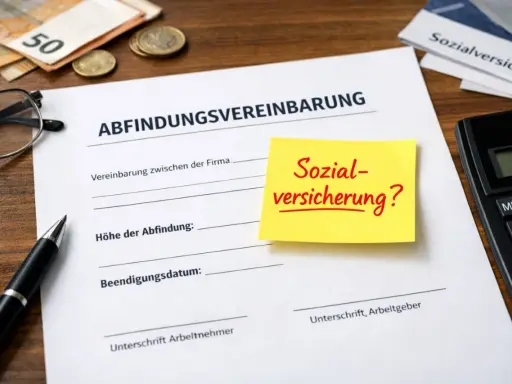 Abfindungsvereinbarung mit Fragezeichen zur Sozialversicherung. Geld, Brille, Stift und Taschenrechner liegen bereit.