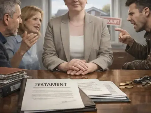 Streitende Erben am Tisch, ein Testament liegt aus. Bei solch hitzigen Diskussionen braucht man einen Testamentsvollstrecker.