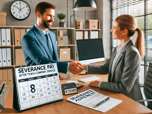 Ein Mann und eine Frau schütteln sich die Hände. Ein Kalender zeigt "8 YEARS" und "SEVERANCE PAY". Die Frage "wieviel Abfindung nach 8 Jahren?" wird thematisiert.