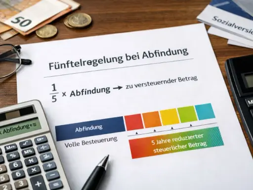 Fünftelregelung zur Abfindung: Berechnung des zu versteuernden Betrags mit einer Grafik, die die volle Besteuerung und eine 5-Jahres-Reduzierung zeigt.