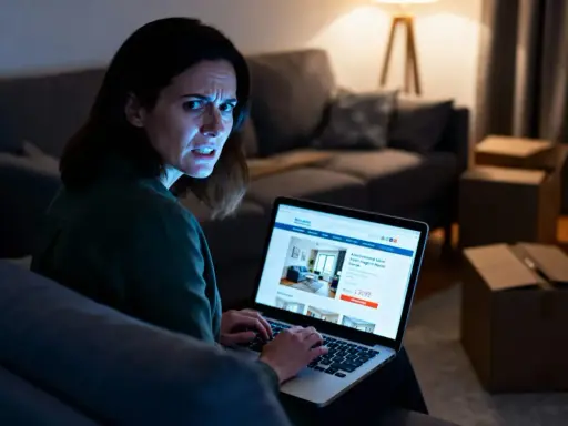 Verzweifelte Frau sucht online nach Lösungen, da der Mieter nicht auszieht. Sie recherchiert zu Eigenbedarf und Schadensersatz.