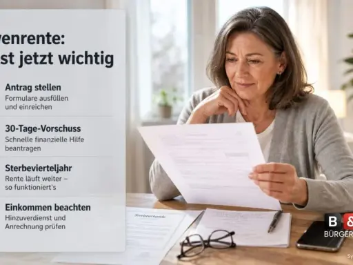 Frau prüft Dokumente zur Witwenrente. Wichtig: Antrag, Vorschuss, Sterbevierteljahr, Einkommen. Auch für die zweite Ehefrau relevant.