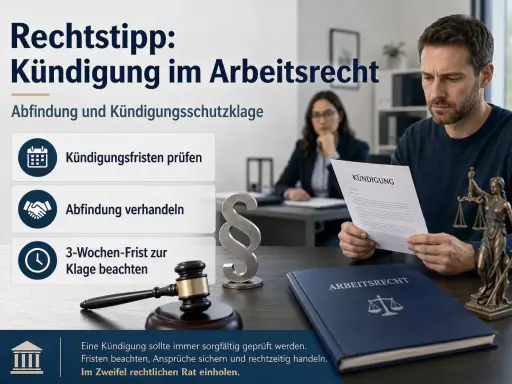 Mann liest Kündigung. Tipps im Arbeitsrecht: Fristen prüfen, Abfindung verhandeln, Klagefrist beachten. Rechtsberatung ist wichtig.