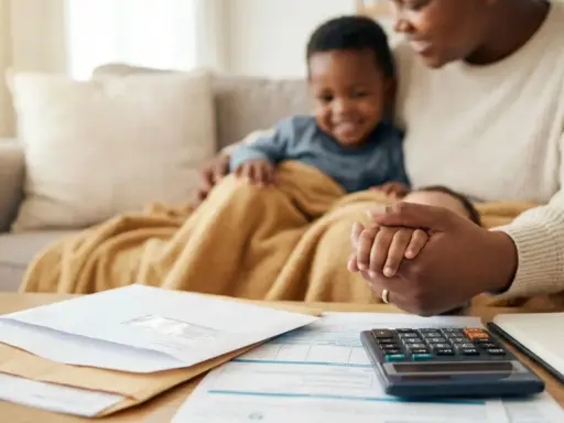 Familie plant Finanzen: Briefe, Rechner und Notizbuch auf dem Tisch. Mutter hält Kind, während sie über Wohngeld und Selbstbehalt spricht.