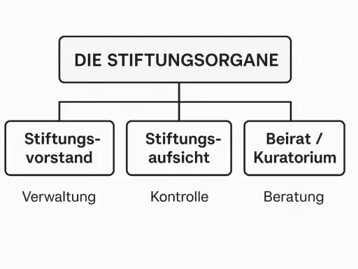 Organigramm zeigt, wie funktioniert eine stiftung: Vorstand (Verwaltung), Aufsicht (Kontrolle) und Beirat/Kuratorium (Beratung).
