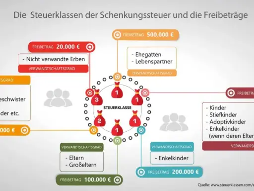 Übersicht über Steuerklassen und Freibeträge bei Schenkungssteuer und Erbschaftssteuer. Verschiedene Verwandtschaftsgrade haben unterschiedliche Freigrenzen.