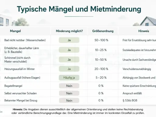 Tabelle zeigt typische Mängel und wann Mietminderung möglich ist, z.B. bei Wasserschaden im Bad (50-100%).