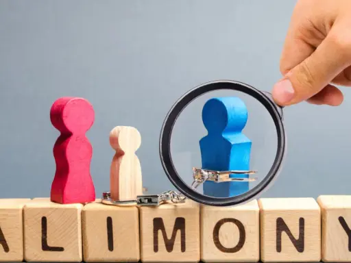 Holzfiguren und Handschellen auf Würfeln mit "ALIMONY". Ein blauer Mann unter Lupe, der Unterhaltsschulden und Privatinsolvenz symbolisiert, die das Jugendamt betreffen.