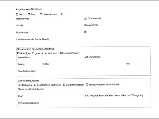 Formular für die **Herausgabe vollstreckbare Ausfertigung**. Enthält Felder für Schuldner-, Kontakt- und Bankdaten.
