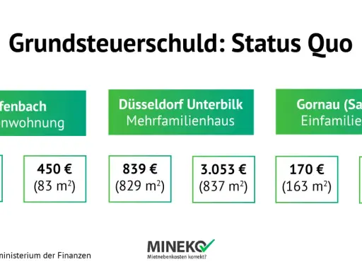 Beispiele für die Grundsteuer auf Mieter umlegen: Offenbach (132€/73m²), Düsseldorf (839€/829m²), Gornau (170€/163m²).