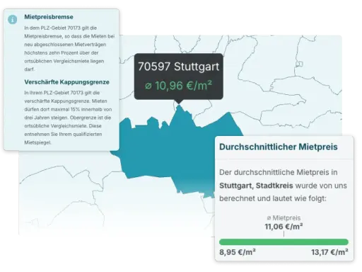 Mietspiegel für Stuttgart (PLZ 70597): Durchschnittsmiete 10,96 €/m². Informationen zur Mietpreisbremse und Kappungsgrenze.