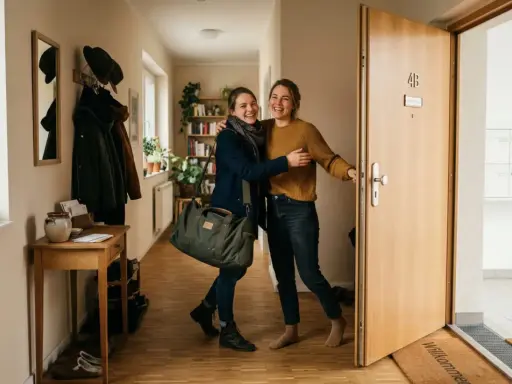 Zwei Freundinnen umarmen sich freudig im Flur. Die Frage "wie lange darf jemand bei mir wohnen ohne anmeldung" beschäftigt viele.