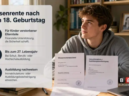 Ein junger Mann blickt nachdenklich, während Dokumente zu Waisenrente und Ausbildung gezeigt werden. Man bekommt Waisenrente bis zum 27. Lebensjahr bei Ausbildung.